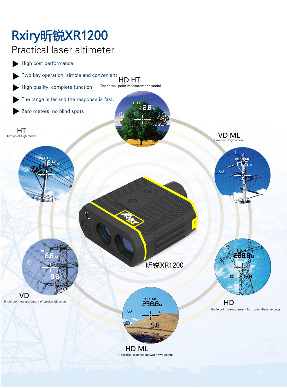 Rxiry Xr1200 1200m High Accuracy Laser Rangefinder for Industrial Horizontal Distance Slope Distance